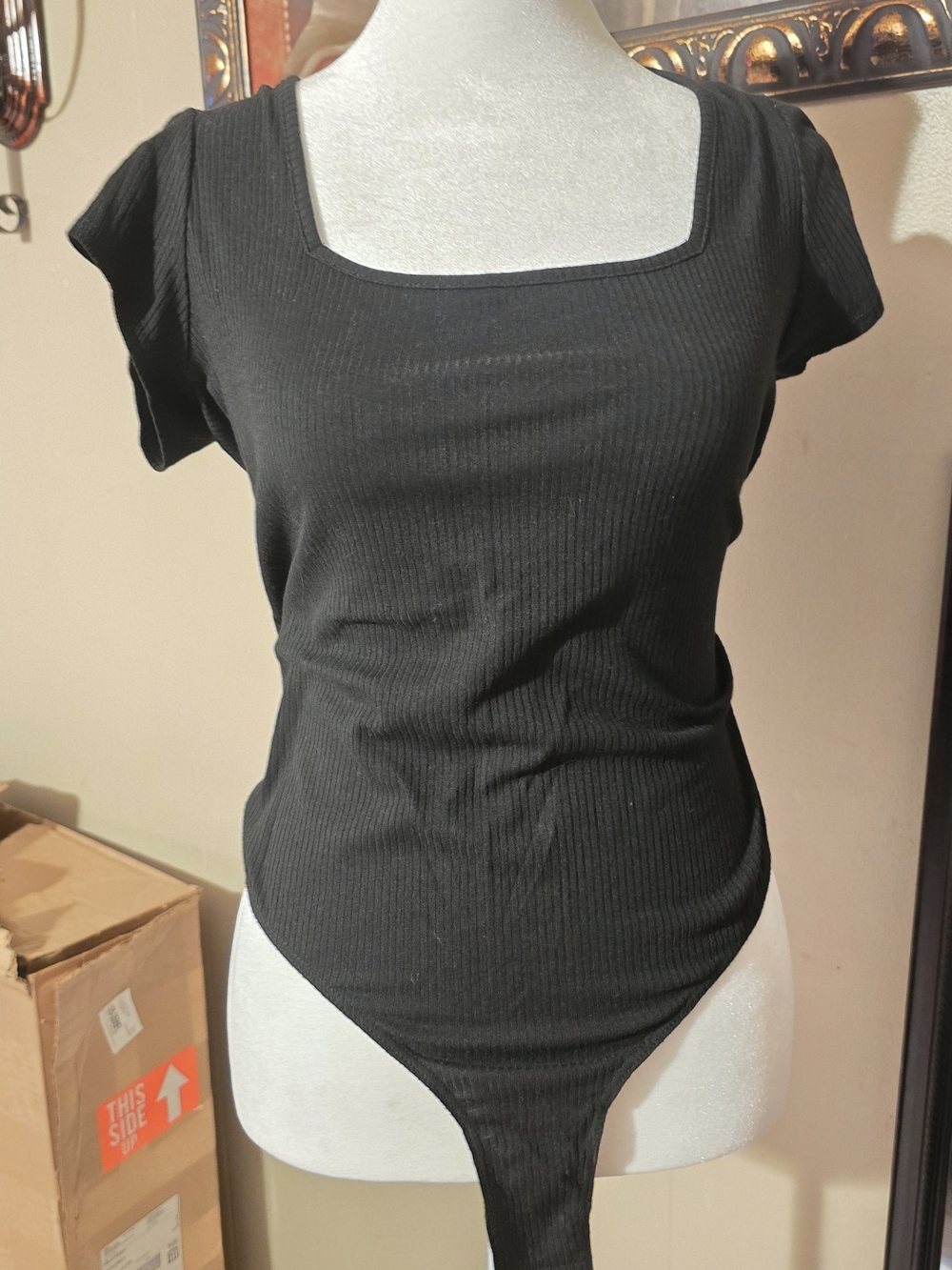 Others Follow Black Ribbed Square-Neck Short Sleeve Bodysuit